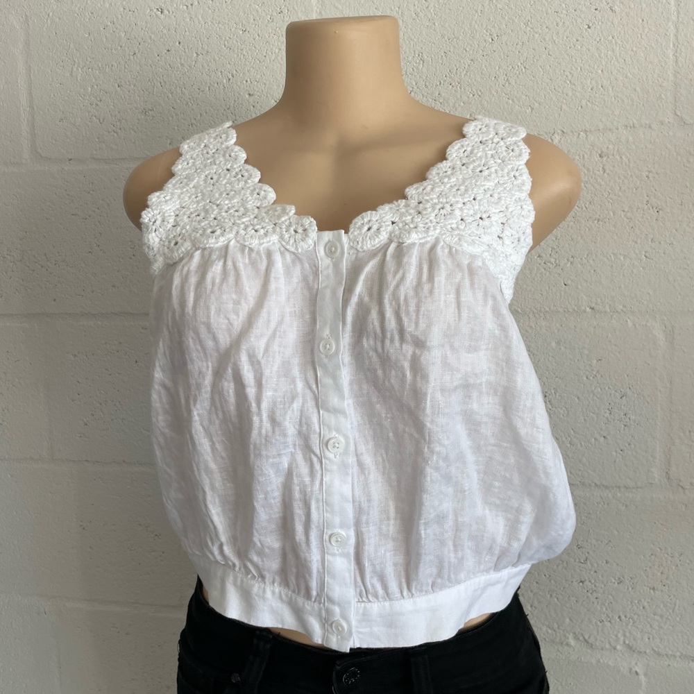 White Lace Trim Button-Up Top
